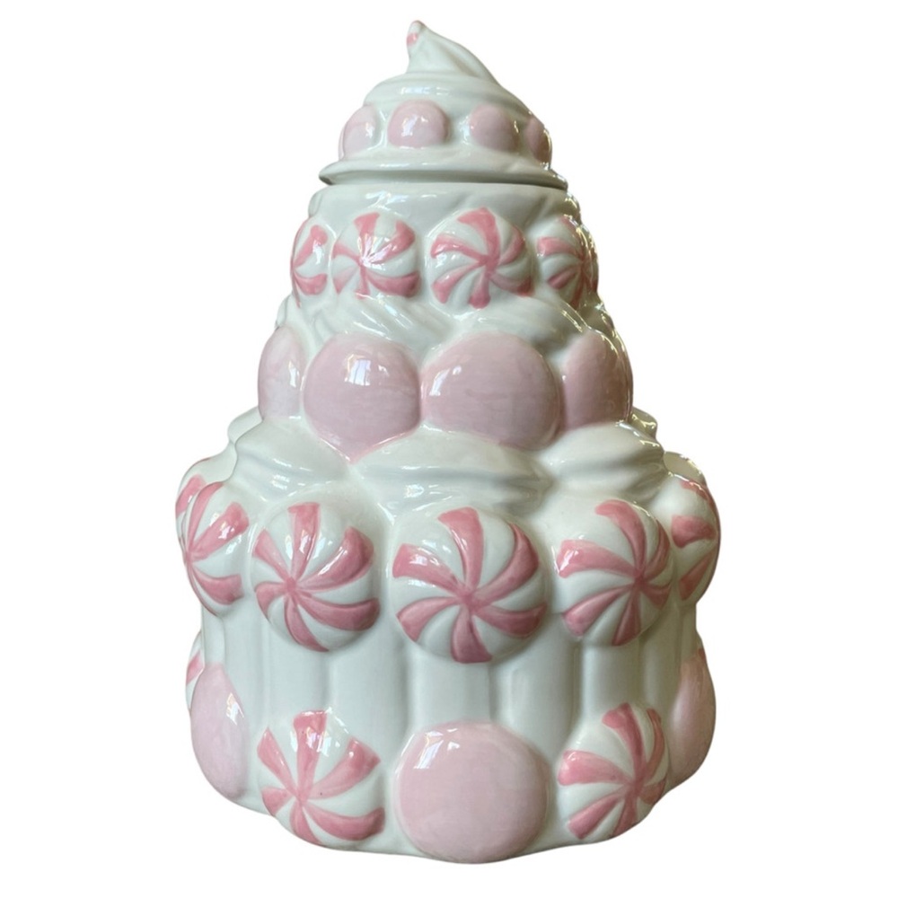 Peppermint & Pine Christmas Peppermint Candy Cookie Jar Pastel Pink & White New
